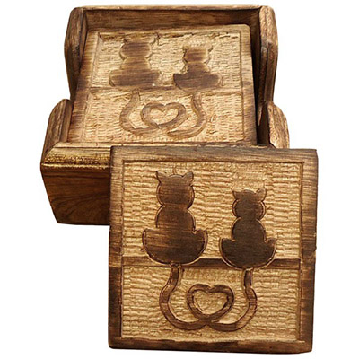 Wooden Set Of 6 Cat Coasters
